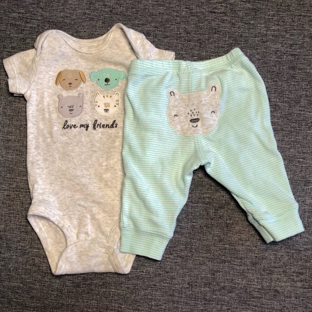 CARTER’S Infant Pants & Shirt Set - Sz 3 mo - Animal motif - green, gray, whit